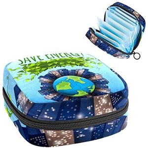 Save The Energy Earth Print Periode Tas voor Tiener Meisjes Vrouwen Dame, Maandverband Opbergtas met Rits Nylon Draagbare Opslag Menstruatie Pad Tas