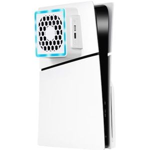 Koelventilator voor PS5 Slanke, aan de zijkant gemonteerde ventilator, 3 versnellingen verstelbaar, 8 verlichtingsmodi DC 5V 2.4A met 2 USB-poorten voor PS5 Slim (wit)