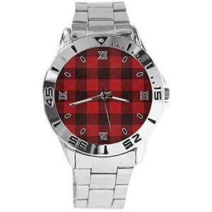 Zwarte en rode geruite mode heren polshorloge sport horloge voor dames casual roestvrij stalen band analoge quartz polshorloge