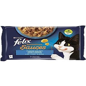 Purina Felix Sensations Sauces natvoer voor katten met zalm in garnalensaus en met sardines in saus met wortelen, 4 zakjes van 85 g