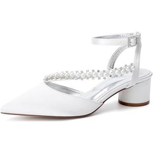 KYEGLO Vrouwelijke Bruidsschoenen Met Spitse Neus En Gesp-Enkelbandje, Satijnen Gesloten Neus Met Bandjes En Parel Voor Bruiden Op Avondfeesten,ivoor,36