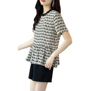 Damesmode O-hals print chiffon blouses dameskleding lente oversized casual pullover shirt, Zwart, XL