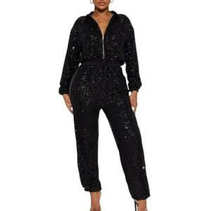 LoprNsdgt Glinsterende Stijlvolle Jumpsuit Voor Dames Met Revers, Rits, Trekkoord, Casual Lange Broeken Romper Voor De Herfst,zwart,L