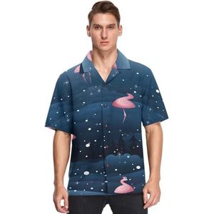 KAAVIYO Blauwe Sneeuw Leuke Flamingo Shirts voor Mannen Korte Mouw Button Down Hawaiiaanse Shirt voor Zomer Strand, Patroon, L