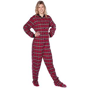 BIG FEET PAJAMA CO. Eendelig Katoen Flanel Tartan Volwassen Voeten Pyjama Onesie voor Mannen & Vrouwen, Rood & Grijs, XL