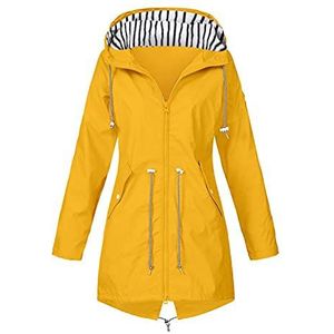 Regenjas voor dames, lange winterjas, jas, outdoor, windbreaker, winddicht, waterdicht, jas met capuchon, ademend, herfst, overgangsjas voor wandelen, reizen, trekking en fiets, geel, Small, Casual