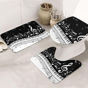 OPSREY Pianotoetsen met muzieknoten bedrukt, zachte antislip badkamermat, badkamertapijt, set van 3 - silhouetmat + toilethoes + badmat