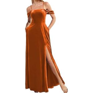 Fluwelen Bruidsmeisjes Jurken Spaghetti Bandjes Prom Jurken Koude Schouder Formele Avond Party Gown ZM191, Oranje, 32