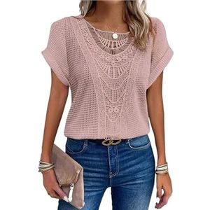 Dames zomertops korte/lange mouwen kanten shirts boho ronde hals gehaakte gebreide blouse casual mode(Pink,4XL)