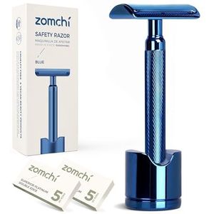 ZOMCHI Herbruikbaar veiligheidsscheermes met scheerstandaard voor mannen en vrouwen, premium metalen veiligheidsscheermes met 10 DE-veiligheidsscheermesjes, plasticvrij scheermes - Noble Blue