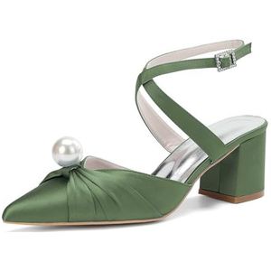 KYEGLO Puntige Hakken Met Blokhak En Parel Voor Dames & Sandalen Met Dichte Neus, Dikke Hak En Gekruiste Enkelbandjes - Ideaal Voor Bruiloften En Werk,Light green,36 EU