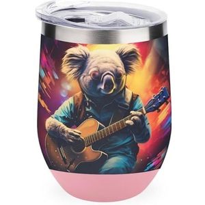 Leuke Koala Beer Spelen Gitaar Geïsoleerde Tumbler met Deksel Leuke Roestvrij Staal Koffie Mok Duurzaam Thee Cup Reismok Roze-stijl