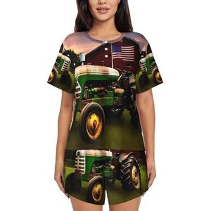 BKTRAVERPT Leuke oude tractor foto boerderij dames pyjama met korte mouwen - zachte button down nachtkleding loungewear, ronde hals nachtkleding zomer pyjama sets met zakken trekkoord, 3d Gedrukt