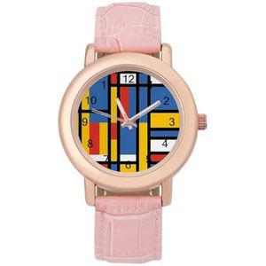 Zwart Bauhaus Abstract Moderne Mondriaan Stijl Blauw Geometrische Vrouwen Elegante Horloge Lederen Band Polshorloge Analoge Quartz Horloges