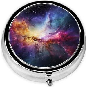 Pillendoosje met spiegel, retro pillendoosje met 3 vakken, nevel en melkweg in het universum, kleine pillenorganizer voor portemonnee of zak, decoratieve metalen medicijnen, vitamine-organizer, unieke