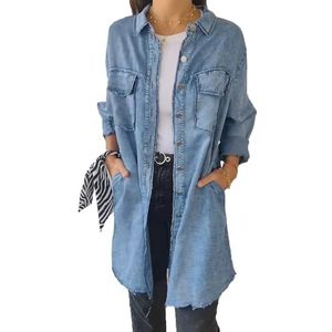 Cffvdiz Dames Button Down Denim Shirt met lange mouwen Distresse Jean Shirt Casual Tunic Tops,Light blue,L