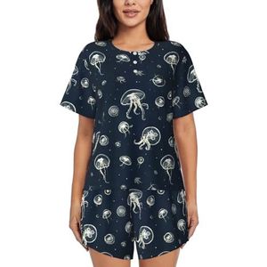 RIVETECH Jellyfish Patroon Print Dames Pyjama Set Korte Korte Mouwen - Comfortabele Korte Sets Mouwen Nachtkleding Met Zakken, Zwart, XL