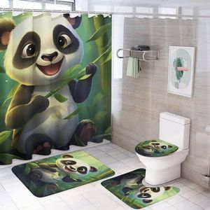 DEBAOKA Cartoon Happy Panda 4 Stuks Douchegordijn Sets Moderne Bamboe Fun Dier Badkamer Decor Set Badkamer Accessoire Sets met Tapijten En Toilet Deksel Cover