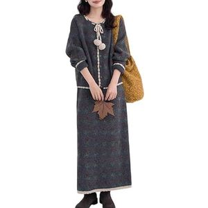 MLSHWUG Dames Trui Met Vetersluiting En Bloemenprint, Casual Losse Midi Rok, Gebreide Outfit in 2 Delen,Grijs,L