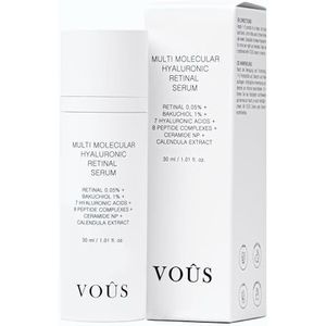 Multimoleculair Retinaal-hyaluronserum | 30 ml | + 0,05% Retinaldehydehyde | + 1% Bakuchiol | + 7 Hyalurische Zuren | + 8 Peptiden | + Ceramide | + Argireline | + Matrixyl