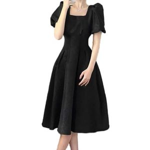 Maxi-jurk for dames Pofmouwen Vierkante hals Tuniek Damesjurk Korte mouw A-lijn Swing Elegante jurk(Color:Black,32-33, 3435, 36-37, 38-39, 40-41, 42-43, 44-45, 46-47:S)