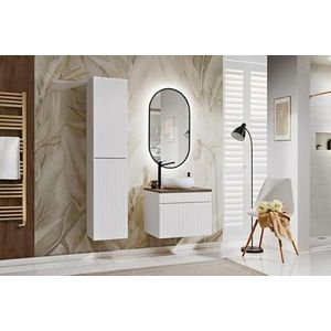 Muebles Slavic Hangende badkamerkast met wastafel + led-spiegelpaal, wit, mat, 60 cm, moderne badkamermeubelunit