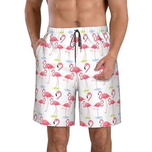 PHTZEZFC Four Flamingo's Print Strandshorts voor heren, zomervakantie, strandshorts, casual, lichtgewicht trekkoord, Wit, XL