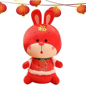 TUJOBA Rode konijn knuffel,Chinese stijl konijn knuffel | Zachte konijn pluche pop met schattige uitdrukking, Chinese stijl gelukkige comfortabele huisdecoratie, kindercadeaus