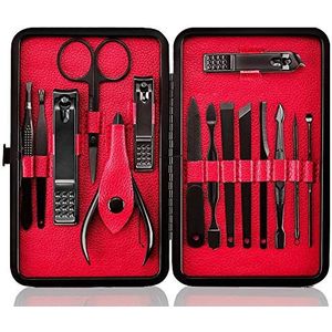 Manicureset Nagelset Nagelknipper set Professioneel - Roestvrijstalen pedicureset Nagelverzorgingsset van 15 stuks met koffer voor reizen (zwart rood)