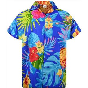King Kameha Funky Hawaïhemd voor heren, korte mouwen, voorzak, party, palmbladeren, ananasprint, Ananas-blauw, S
