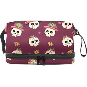 Grote capaciteit reizen cosmetische tas,Schedel patroon Retro,Make-up tas,Waterdichte make-up tas Organizer, Meerkleurig, 27x15x14 cm/10.6x5.9x5.5 in