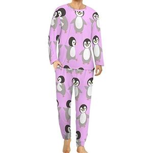 Pinguïn comfortabele herenpyjama-set met ronde hals en lange mouwen, loungewear met zakken, 4XL