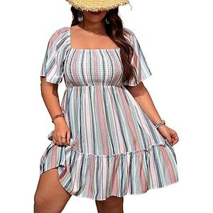 voor vrouwen jurk Plus gestreepte jurk met vierkante hals en ruches aan de zoom (Color : Multicolore, Size : 0XL)