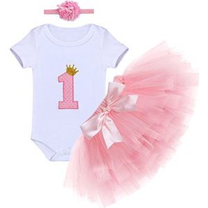 Baby Meisjes Kroon Verjaardag Cake Smash Outfit Korte Mouw Romper Tutu Hoofdband 3 stks Prinses Strik Jurk Fotoshoot Outfit, roze, 1 jaar
