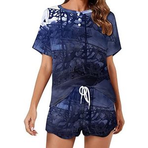 Zeilen piraat spookschip zachte dames pyjama korte mouw pyjama loungewear met zakken cadeau voor thuis strand 5XL