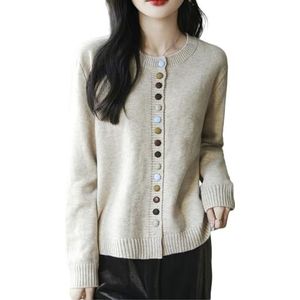 Dames Kasjmier Vesten Met Gekleurde Knopen Elegante Lange Mouwen Ronde Hals Wollen Trui Vintage Warme Bovenkleding For Herfst, Winter(Beige,XX-Large)