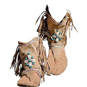 FGRID Dames slippers met kwastjes, mode suède platte clip-teen sandalen, zomer hoge string strand enkelsandalen met franjes,Beige,41