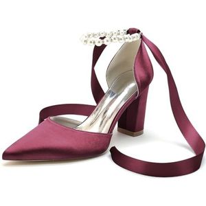 Dames Parel Trouwschoenen Voor Bruid Chunky Hak Puntige Neus Bruiloft Blokhakken Prom Avond Pumps,Burgundy,36 EU