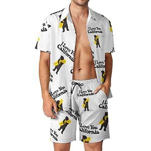 Bear I Love California Hawaiiaanse bijpassende set voor heren, 2-delige outfits, button-down shirts en shorts voor strandvakantie