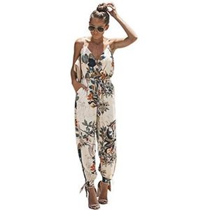 TSWRK Jumpsuit met bloemenprint voor dames, halterdas, enkelsplit-pijpen, mouwloze rompertjes, Beige, S
