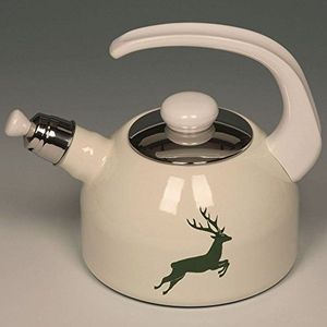 Riess, 0543-072, fluitketel Plus, COUNTRY - hert groen, diameter 18 cm, hoogte 21,7 cm, inhoud 2 liter, email, beige met groen hert, inductie