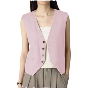 AeoTeokey Dames zomer linnen vest pak vest V-hals enkele rij knopen casual vest zakelijke outfits top, roze, M