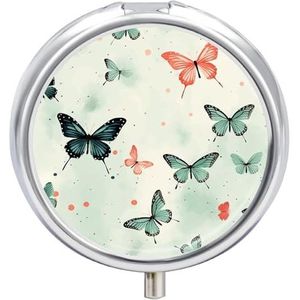 Pillendoos 3 compartimenten medicijnpillendoosje draagbare ronde pillendoos week pillenhouder container voor vitamine geneeskunde supplement blauwe vlinder patroon kleine pillenorganisator