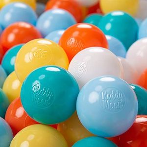 KiddyMoon Plastic Ballen Voor Kinderen Ø 6Cm Kleurig Gecertificeerd Gemakt In EU, Wit-Geel-Oranje-Babyblue-Turkoois,200 Ballen/6Cm
