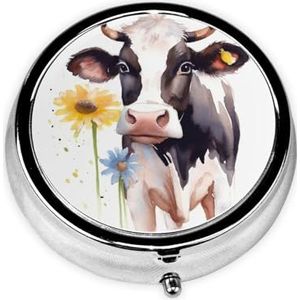 Aquarel Koe en Madeliefje Bloem Pillendoos Metalen Ronde Kleine Pillendoosje Leuke 3 Compartimenten Pillenorganizer Draagbare Reizen Pillendoos Mini Pillencontainer Houder voor Dagelijkse Medicijnen