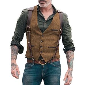 Heren Visgraat Wollen Vesten Tweed Formeel gilet Vintage Retro Slim Fit(Medium, bruin)