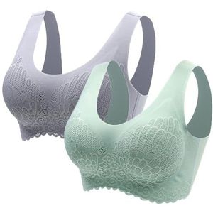 kumosaga Geen beugel verzamelen slaap push-up bh, ademende en comfortabele mesh bh's draadloze kanten push-up bh for dames (Color : Gray+green(2pcs), Size : 3XL)