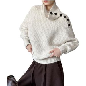 LoprNsdgt Dames Trui Met Opstaande Kraag En Knopen, Uitgeholde Lange Mouwen, Modieuze Sexy Gebreide Pullover,Beige,One Size
