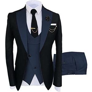 TROTTS Slim Fit Suits voor mannen 3-delige One Button Bruidegom Smoking Pak Prom Bruiloft Elegante Revers Blazer Jassen voor Feestdiner (kleur: Marineblauw, Maat: L)