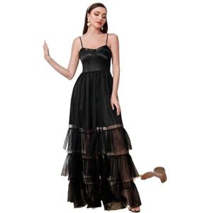 jurken voor dames Cami-jurk met contrasterende mesh en ruches aan de zoom - Elegante mouwloze lange jurk (Color : Noir, Size : Small)